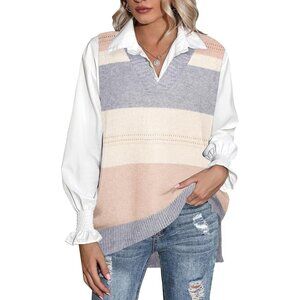 Women Block Beige Sweater Vest Sleeveless V Neck Oversized Knitted Pullover Fall